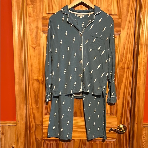 PJ Salvage Pajama Set with Lightning Pattern. Teal with white lightning bolts. - Picture 1 of 13